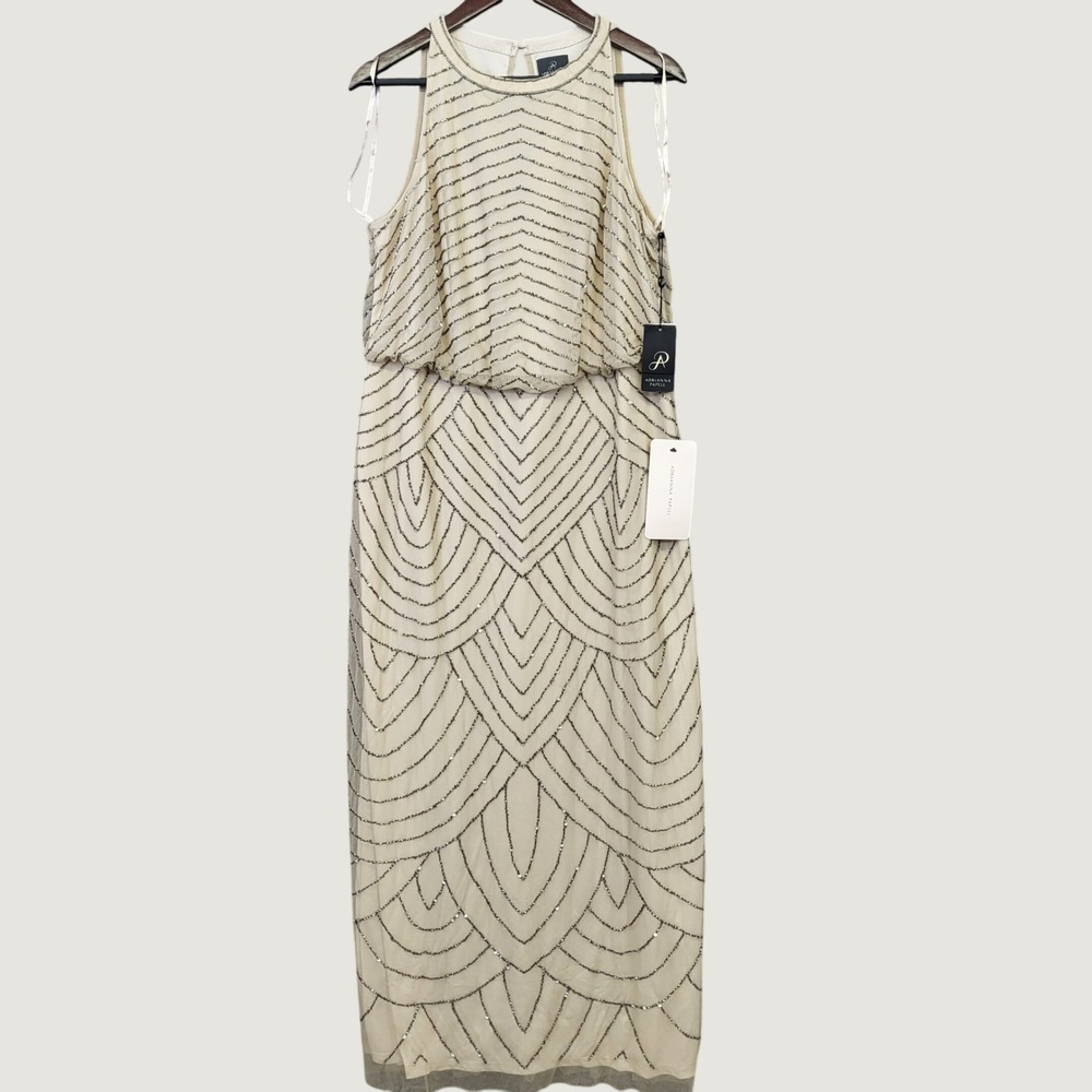 Adrianna Papell Beaded Halter Gown Womens 14W Nude Good Art Deco 191914100